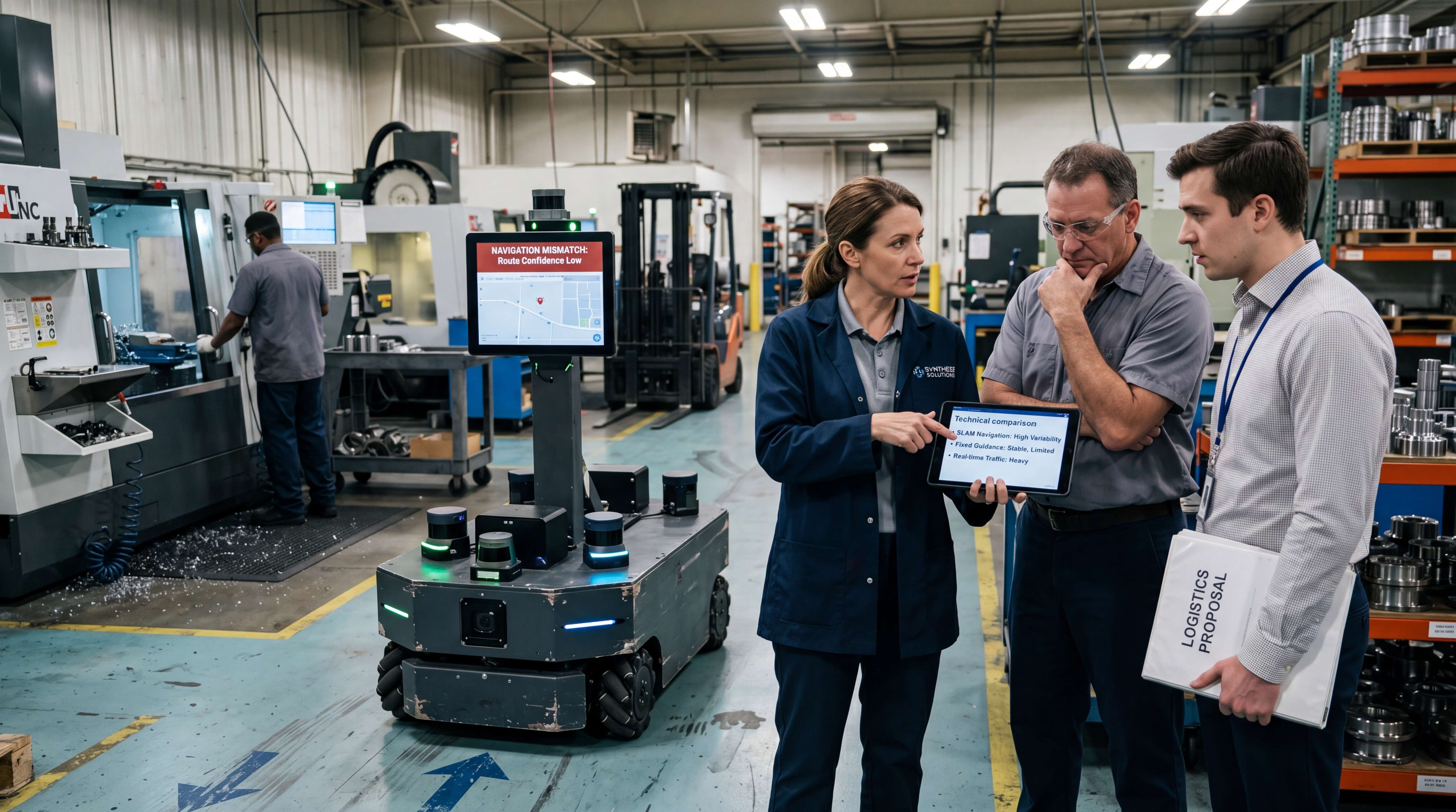 Factory team evaluating AMR mobile base navigation mismatch and site-fit requirements in a real production environment